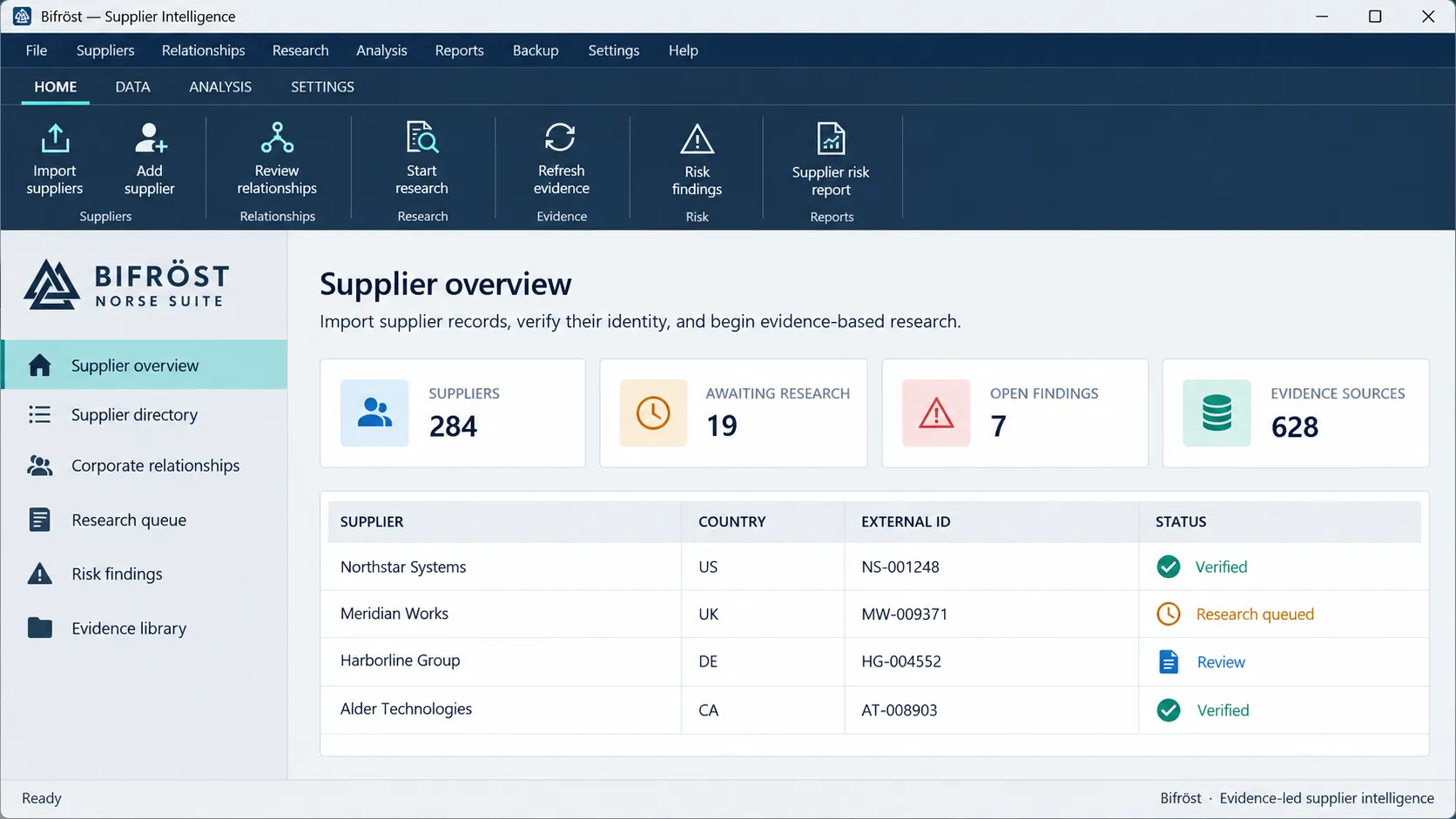 Bifröst desktop workspace showing supplier metrics and a supplier directory