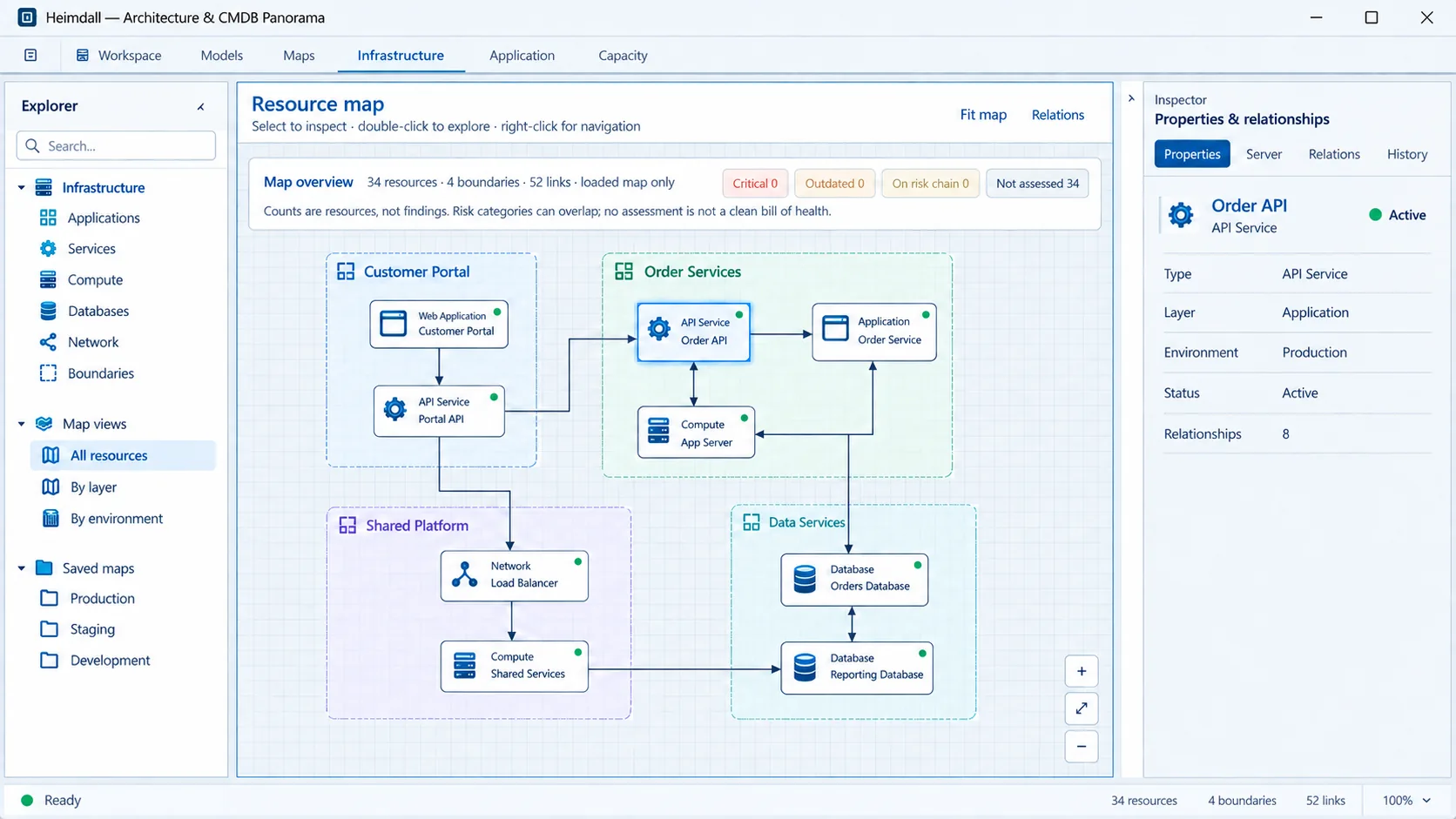 Heimdall desktop resource map showing application and infrastructure relationships